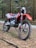A red and black off-road motorcycle is parked on a forest floor, surrounded by tall trees. The bike features rugged tires, a sturdy frame, and is equipped with headlights and mirrors. The natural setting includes a mixture of dirt, grass, and scattered twigs, with a paved road visible in the background.