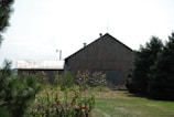A rustic wooden barn stands in a grassy field surrounded by a well-maintained garden with plants and a few visible fruits. Tall evergreen trees border the setting, and a clear blue sky provides a serene backdrop. A vintage metal lamp post extends above the barn roof, adding to the rural charm.