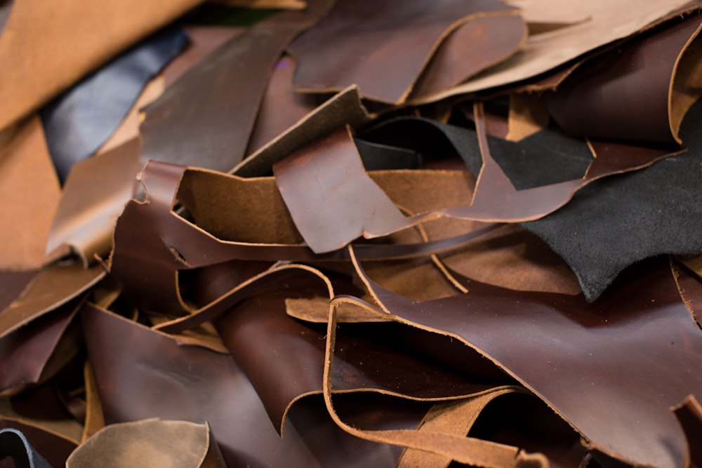 brown and green leaves on blue textile