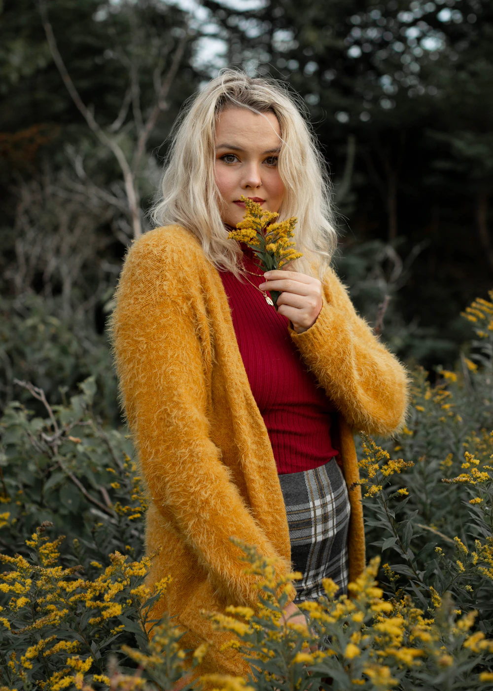 Mustard yellow fuzzy cardigan with wildflowers