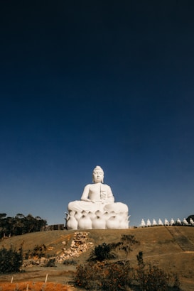 A large white statue of a serene figure sits in a meditative pose on a lotus pedestal, surrounded by a natural landscape. The sky is clear and deep blue, adding to the tranquil atmosphere.
