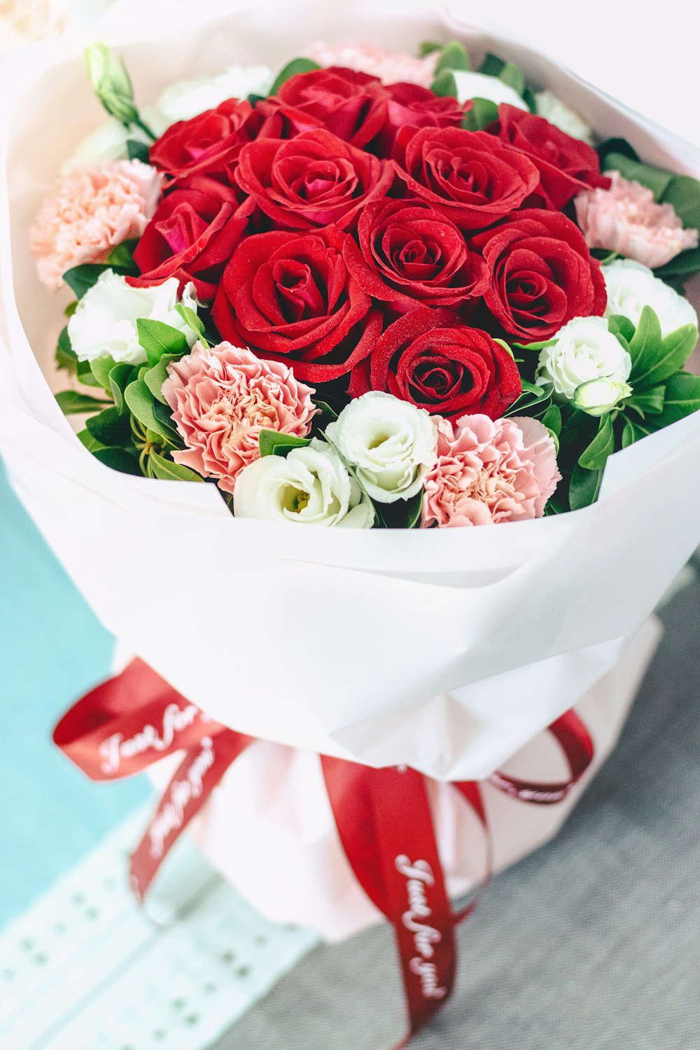 bouquet of red and white roses