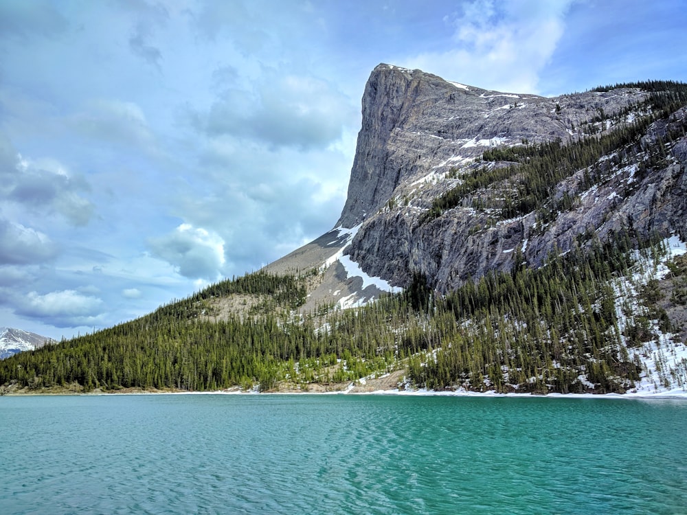 green trees near body of water and mountain under white clouds during daytime