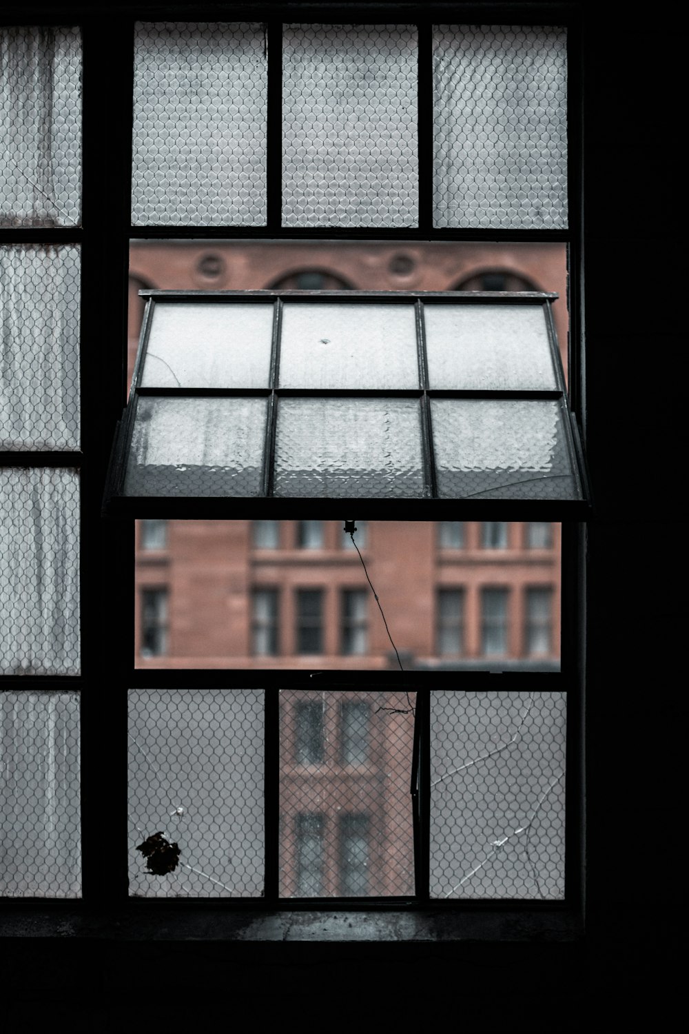 black framed glass window with orange and white string lights