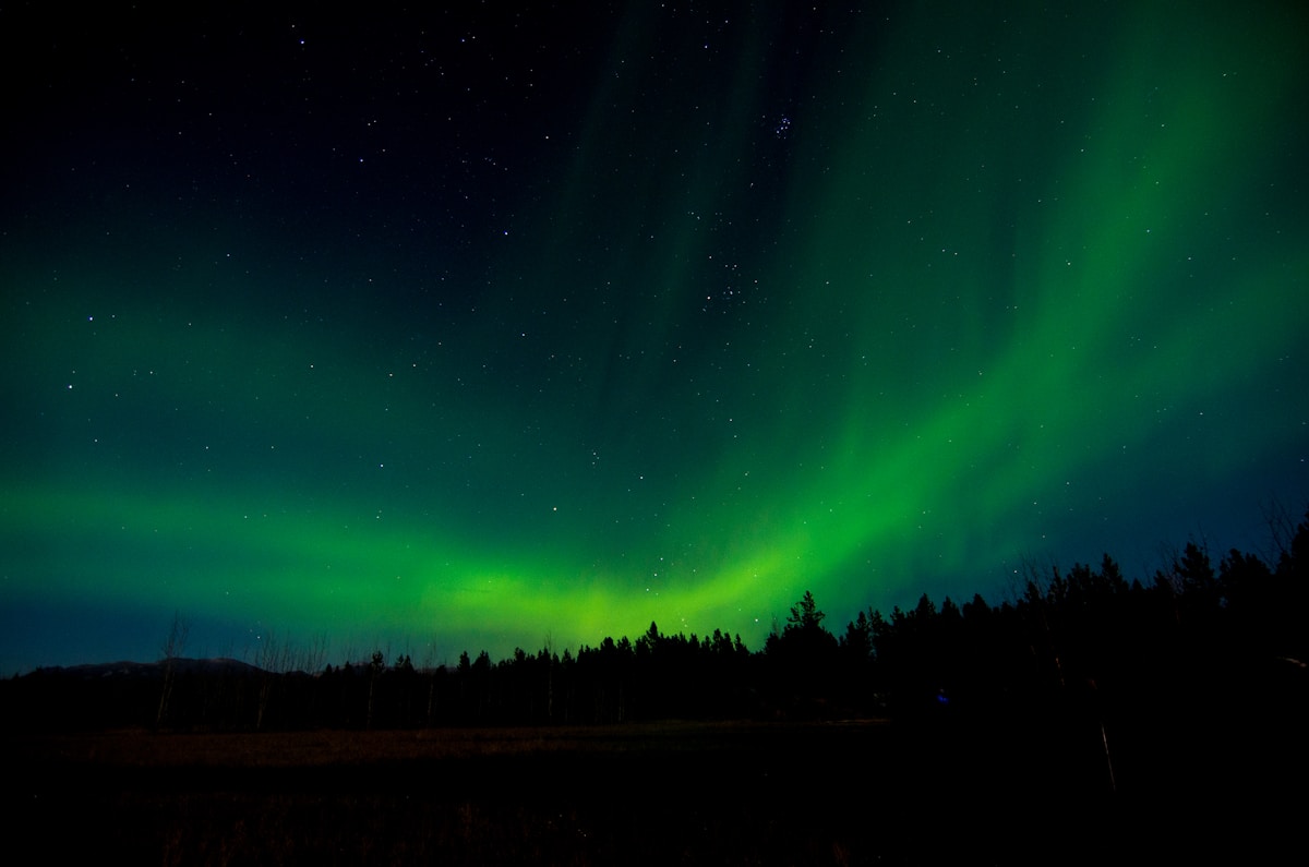 Northern lights over a snowy wilderness lake in Whitehorse, Yukon, Canada