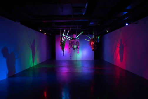 A striking contemporary art installation challenging societal norms, illuminated in a gallery space.