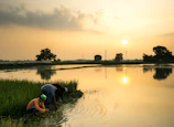 Smiling Yakaar team members working together in the fields at golden hour.