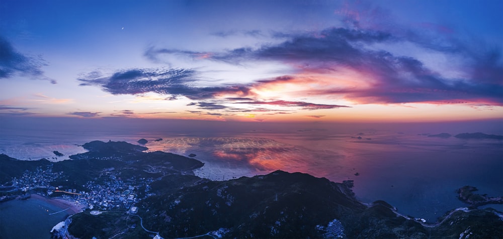 aerial view of mountains during sunset