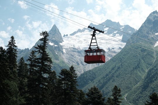 red cable car over green pine trees during daytime in Домбай Russia