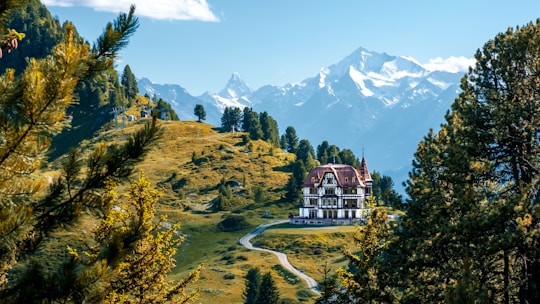 A large, elegant villa is situated in a picturesque mountain landscape. Surrounded by vibrant green trees and a winding pathway leading to the building, the scene features majestic snow-capped mountains in the background under a clear blue sky. The lush greenery and serene environment suggest a peaceful and secluded location.