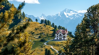 A large, elegant villa is situated in a picturesque mountain landscape. Surrounded by vibrant green trees and a winding pathway leading to the building, the scene features majestic snow-capped mountains in the background under a clear blue sky. The lush greenery and serene environment suggest a peaceful and secluded location.