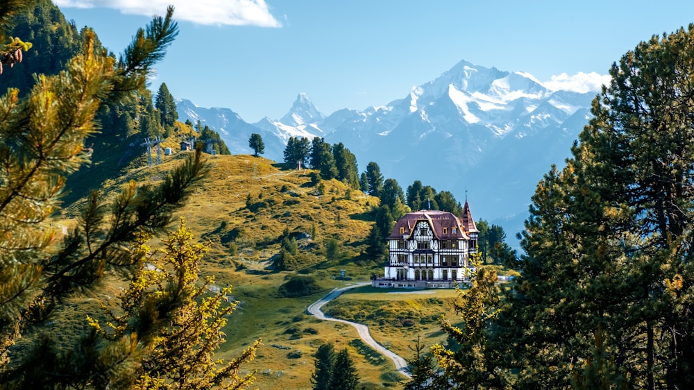 weißes und braunes Haus auf grünem Grasfeld in der Nähe von grünen Bäumen und Bergen tagsüber