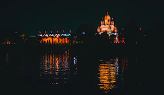 people walking on sidewalk near body of water during night time