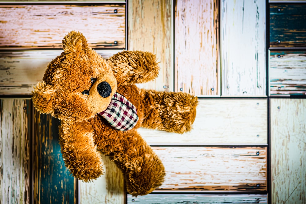 brown teddy bear on white wooden plank