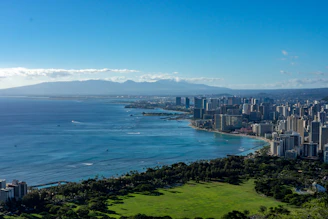 Panoramic view of Africa's coastline with modern buildings, ocean waves, and silhouettes of black African collaborators discussing near mining and agrifood sector visuals under a dark blue sky.