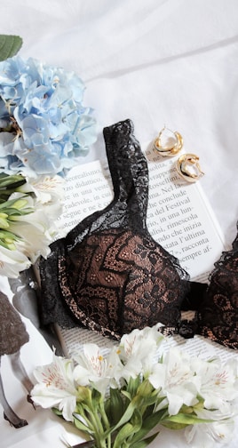 womens black lace bra on white paper