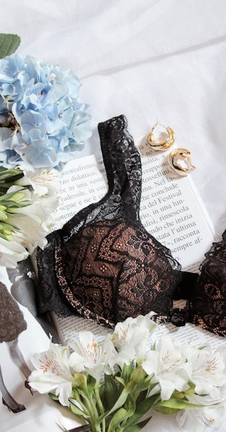 womens black lace bra on white paper