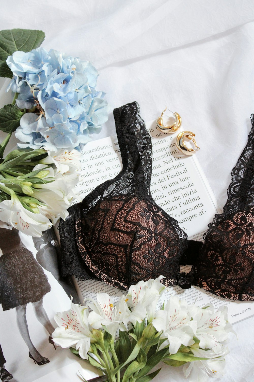 womens black lace bra on white paper