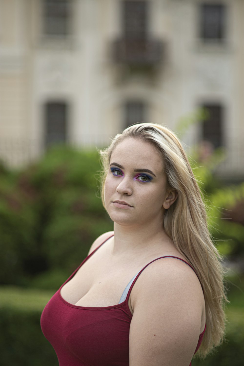 woman in red tank top