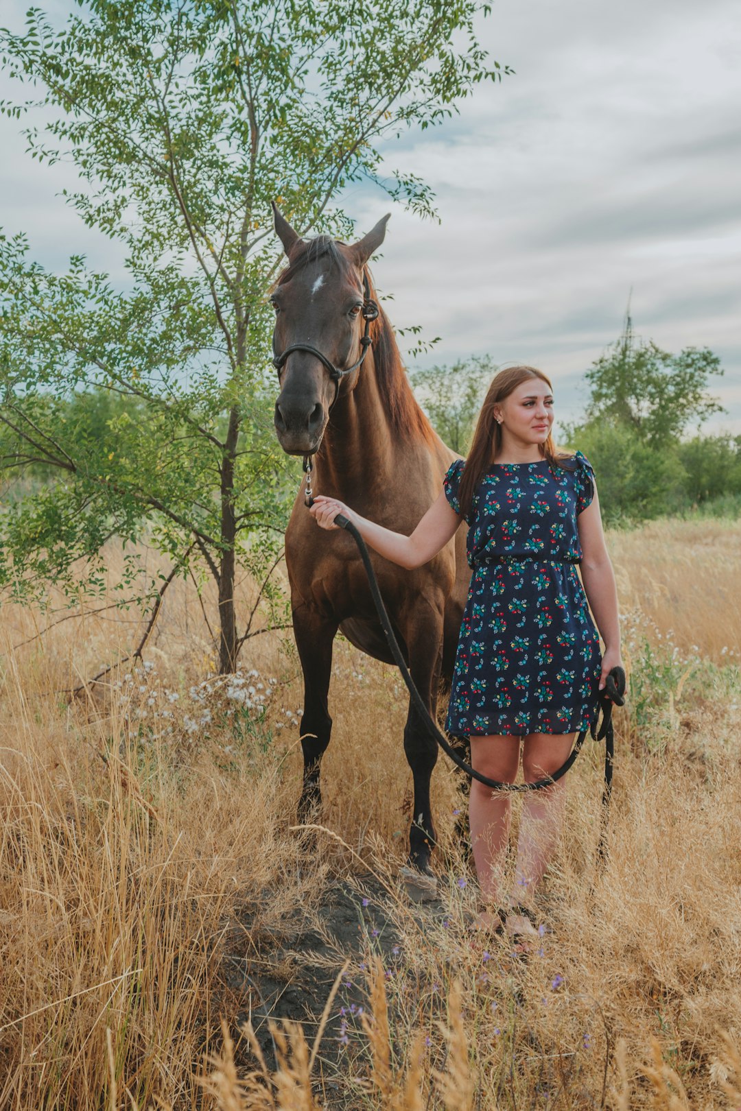 woman in blue and white polka dot dress standing beside brown horse during daytime