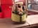A small dog is comfortably nestled inside a green and brown bag, seemingly relaxed with its eyes partially closed. The bag is placed on a train table, and the background features red train seats and a window which reveals part of a train station.