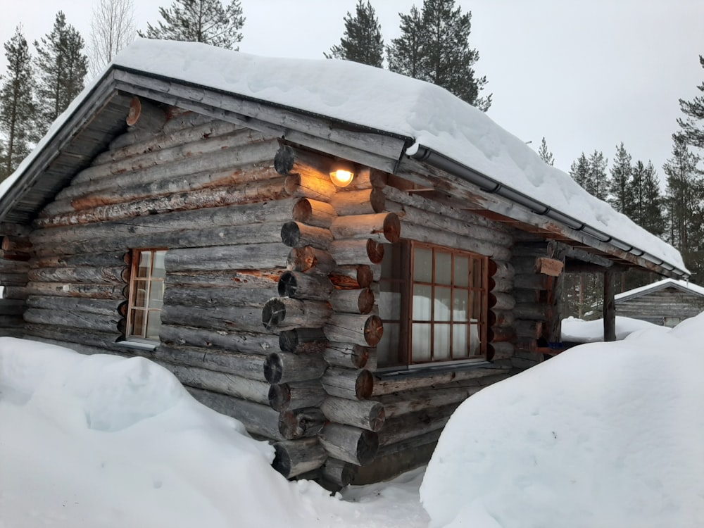 brown wooden house covered with snow during daytime