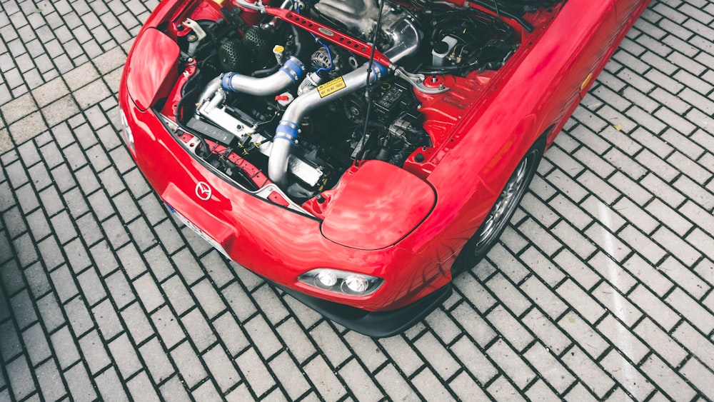 red and black car engine bay