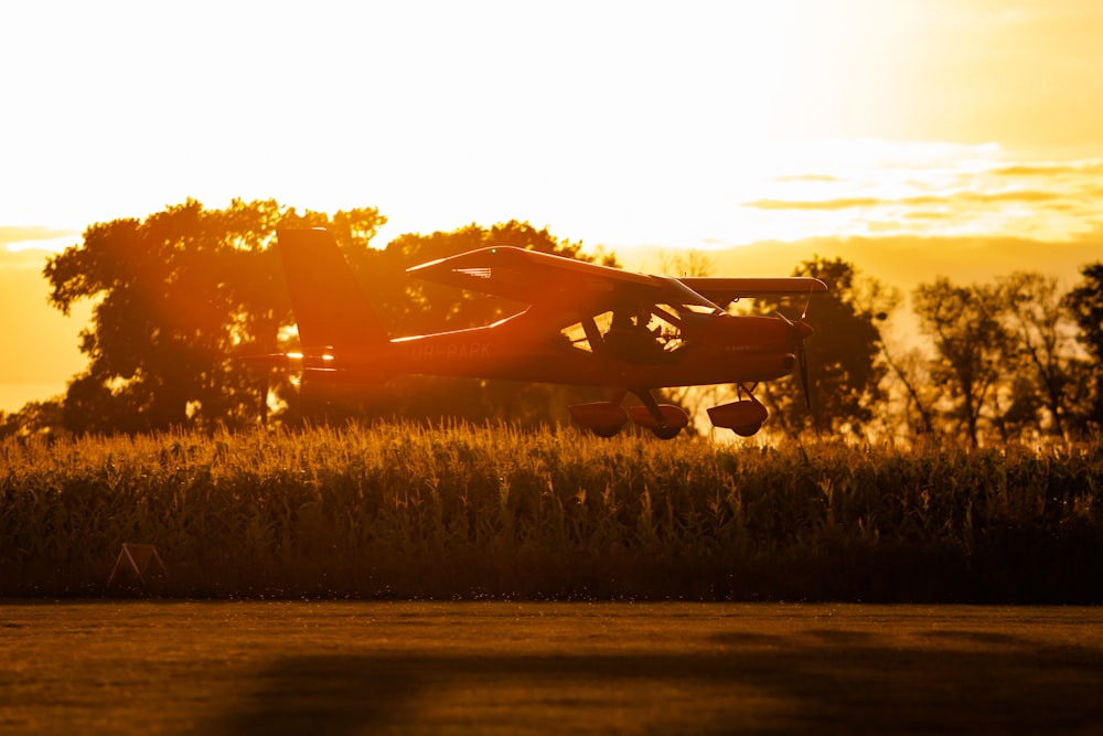 brown and black airplane on brown grass field during sunset