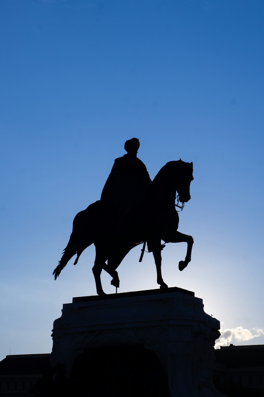 silhouette of man riding horse statue