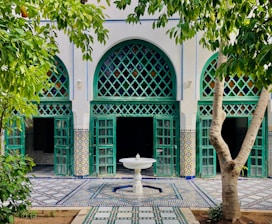 green palm tree near white and blue concrete building