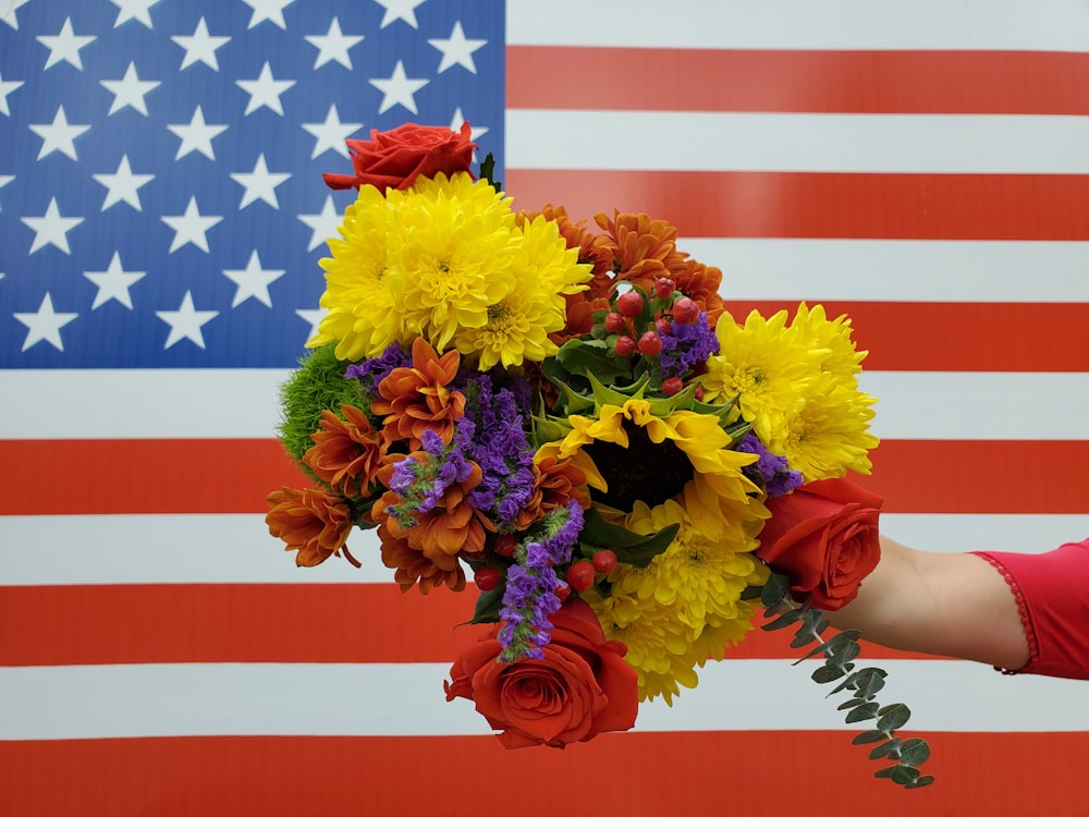 yellow red and blue flower bouquet