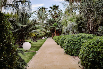 A serene hotel garden path lined with blooming flowers and lanterns.
