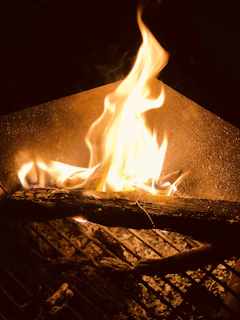 A golden flame flickering over a bed of glowing charcoal, capturing the essence of live fire cooking.