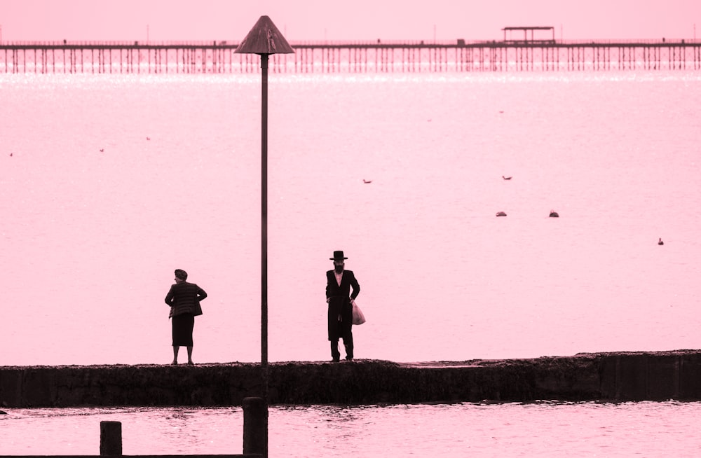 2 men standing on dock near body of water during daytime