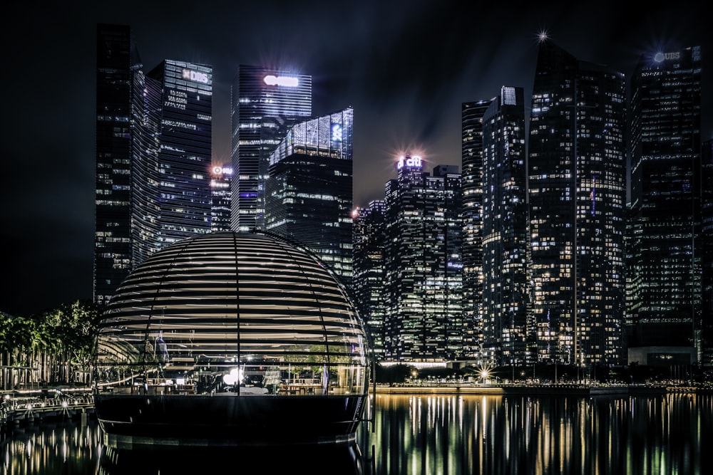 city skyline during night time