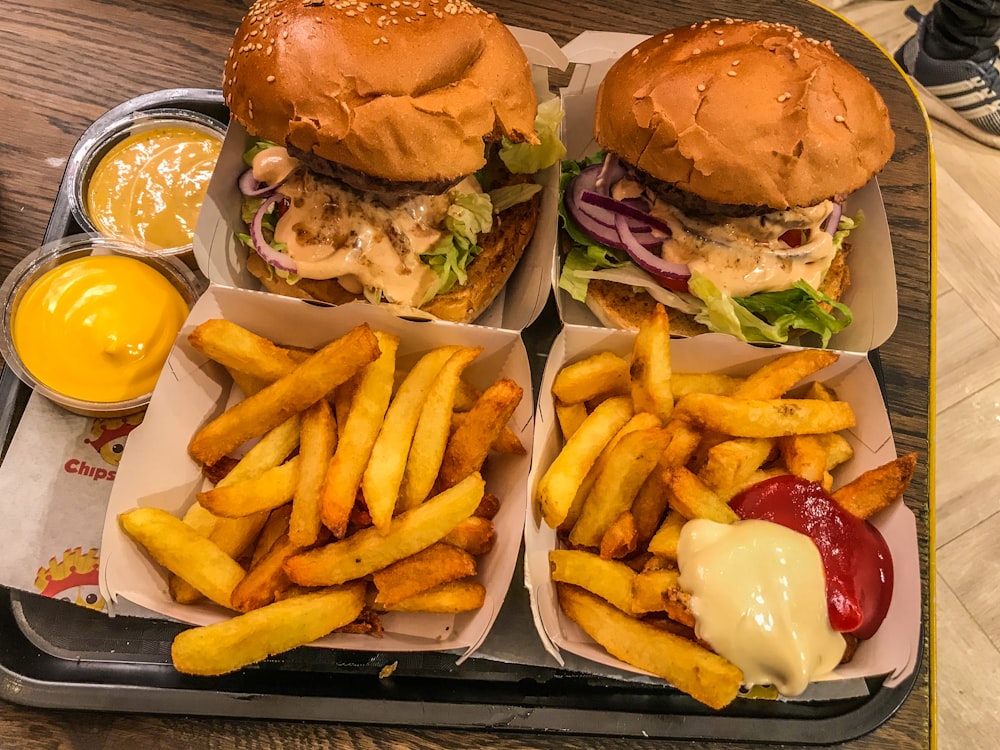 burger and fries on plate