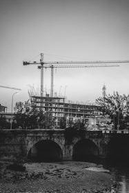 grayscale photo of bridge near trees