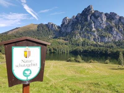 A wooden signpost with a nature reserve emblem stands in the foreground against the backdrop of a serene landscape. Behind it lies an expansive green meadow leading to a dense forest, with a clear lake reflecting the light. Towering rocky mountains rise majestically in the distance under a bright blue sky with wispy clouds.