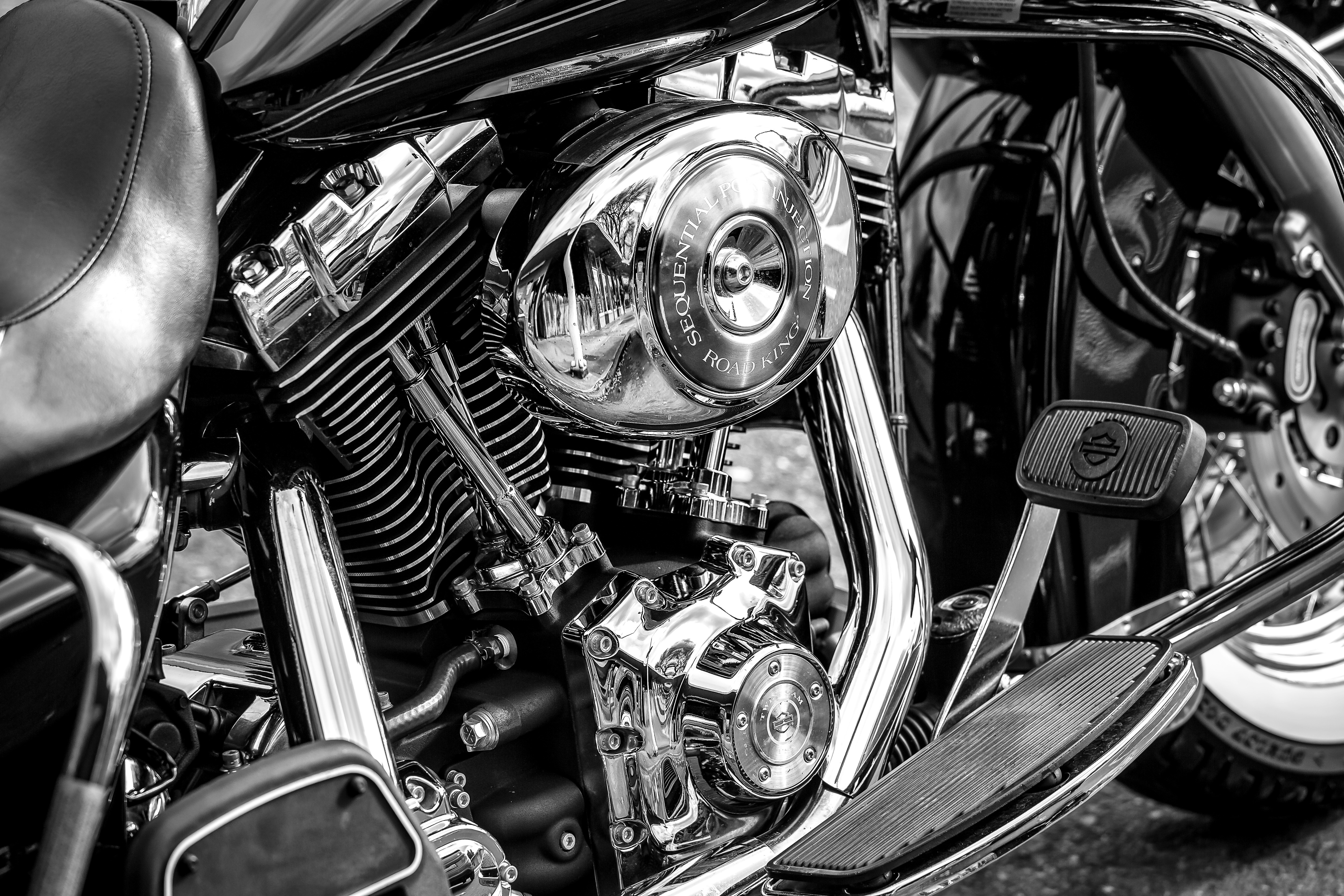 grayscale photo of motorcycle engine