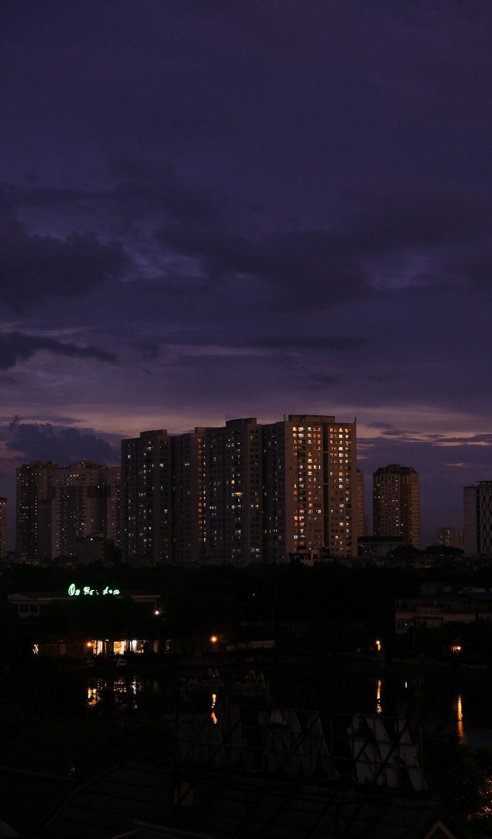 city skyline during night time