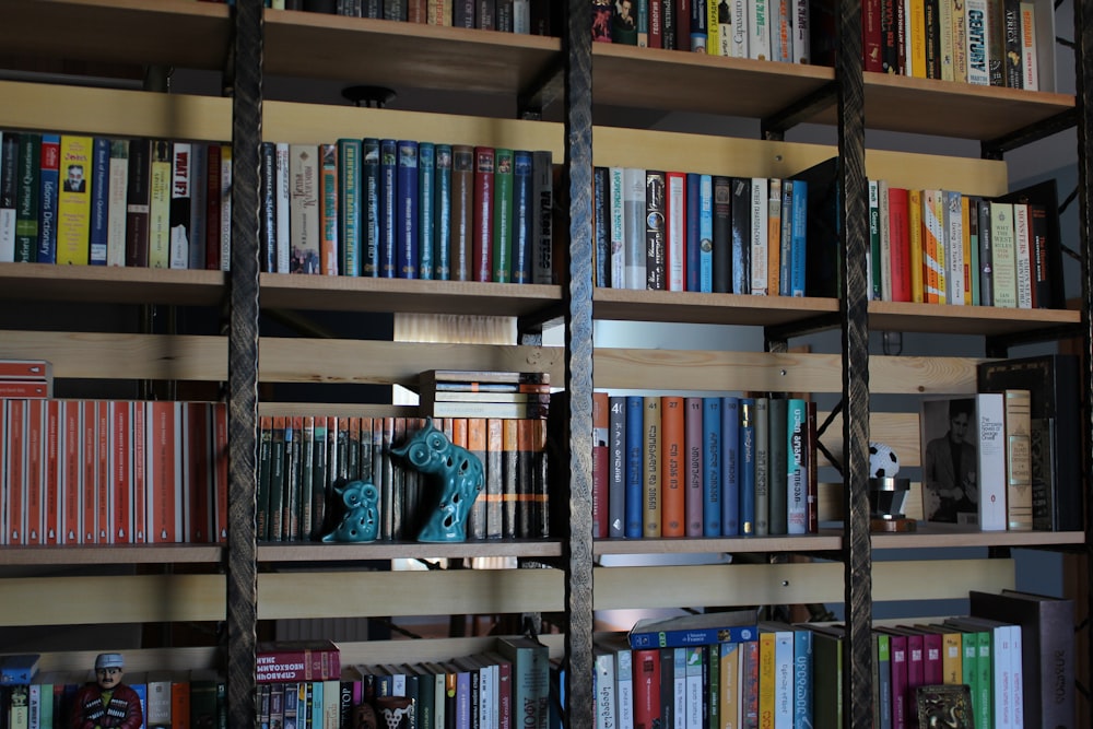 books on brown wooden shelf