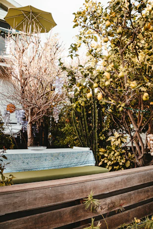 UV-resistant patio cushions arranged neatly on a wooden outdoor bench under soft afternoon light.
