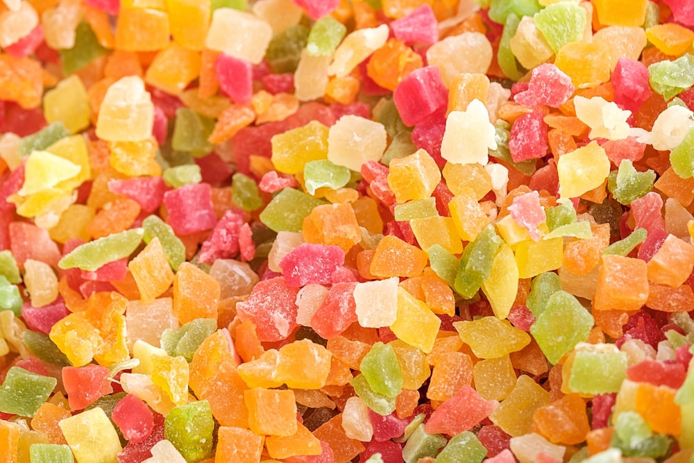yellow pink and green candies