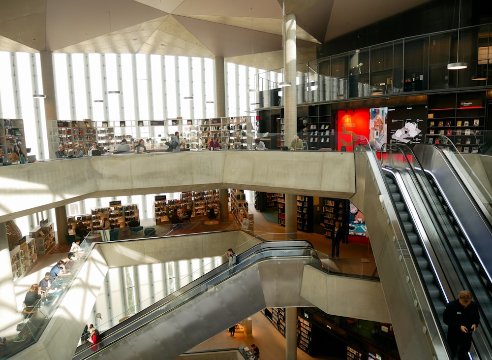 people walking on escalator inside building