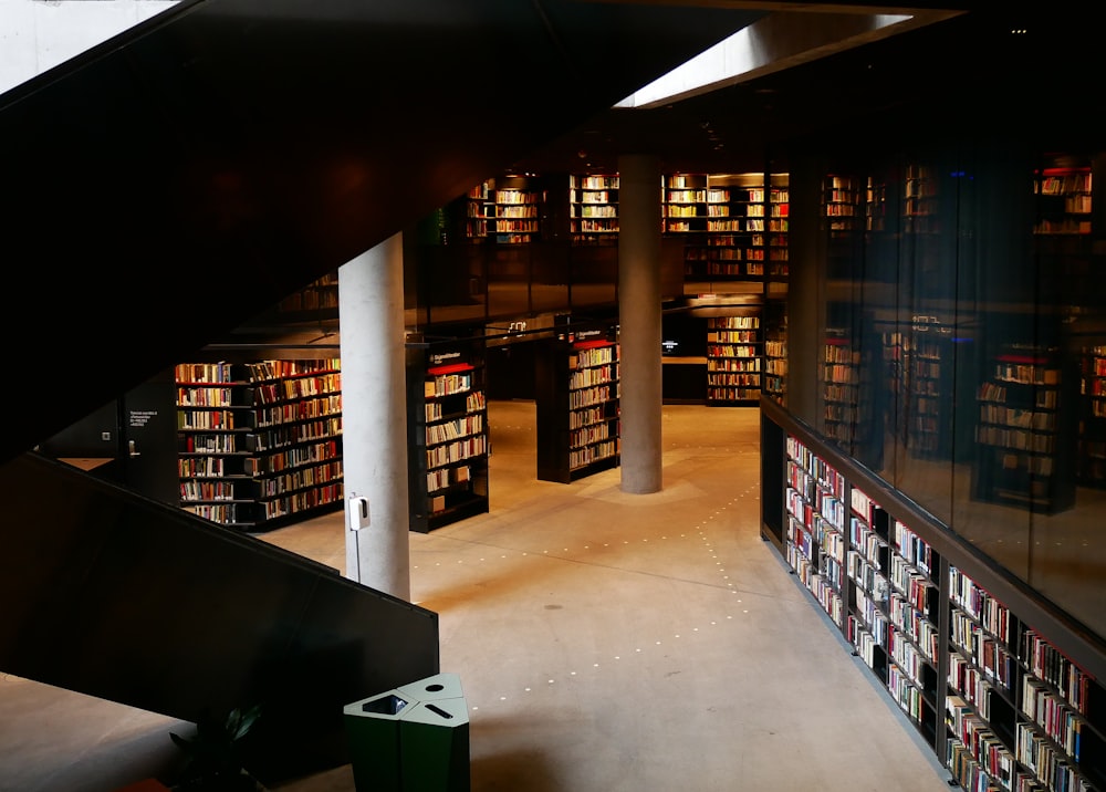 brown wooden shelves in building