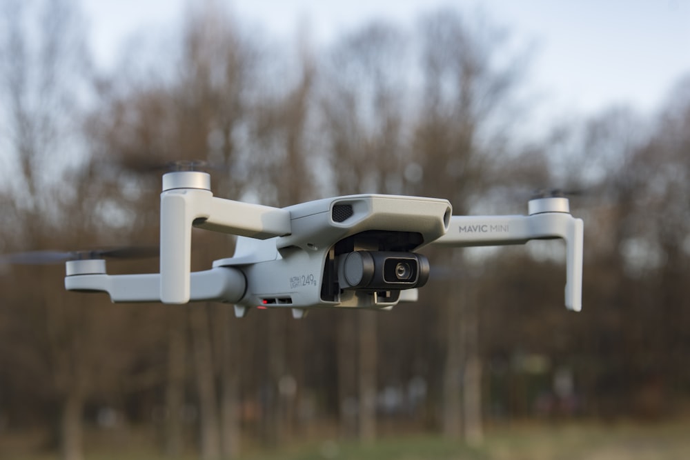 white and black drone in tilt shift lens