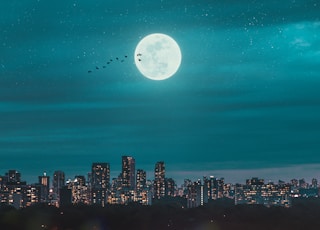 full moon over city skyline during night time