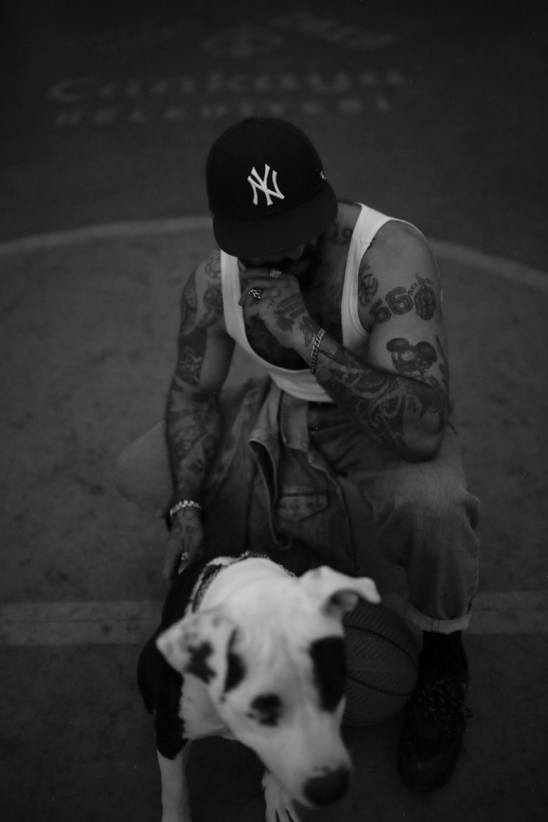 man in black hat holding white short coated dog