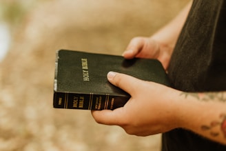A person is holding a copy of the Holy Bible with both hands. The Bible is black with gold lettering. The background is softly blurred, suggesting an outdoor setting.