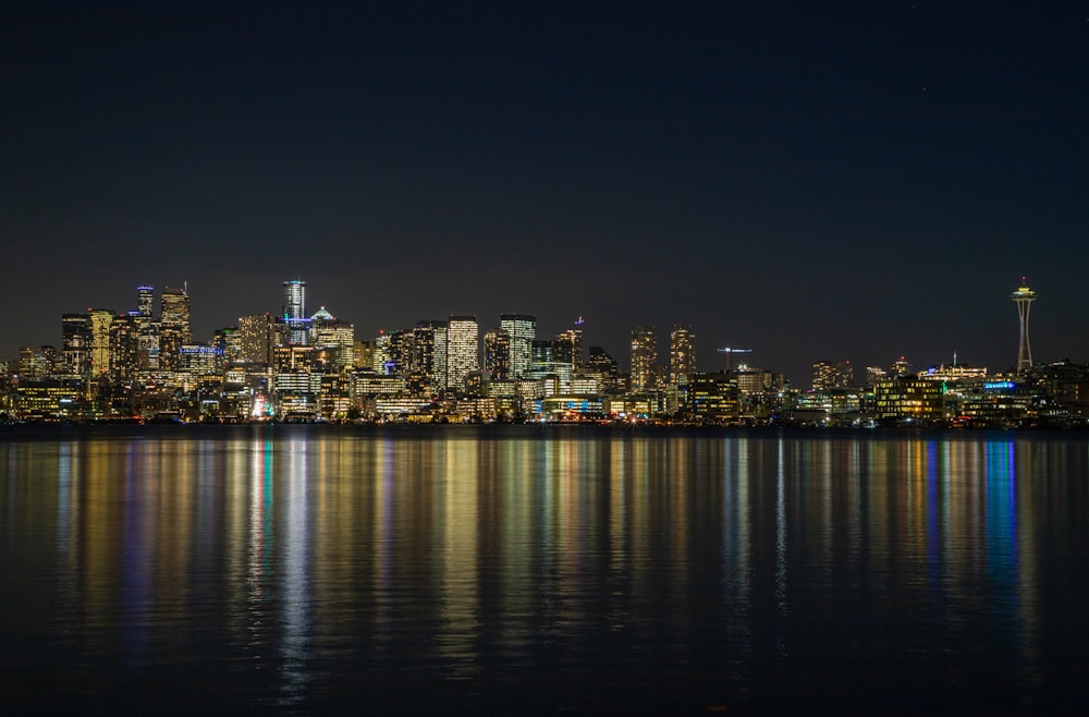 city skyline during night time